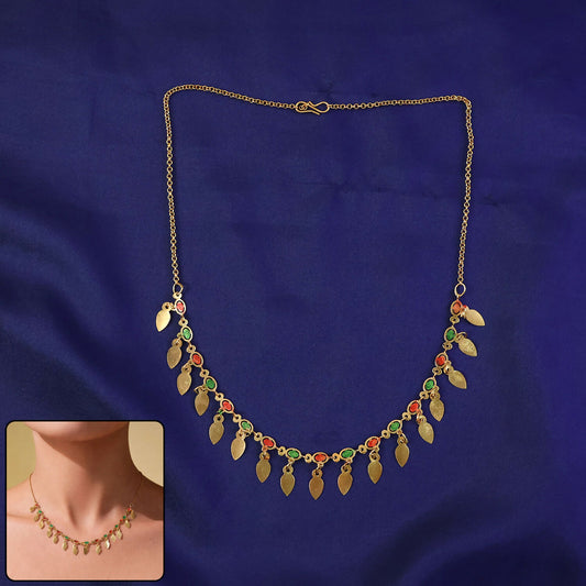 Gold Tone Leaf Charm Necklace with Multicolor Stones