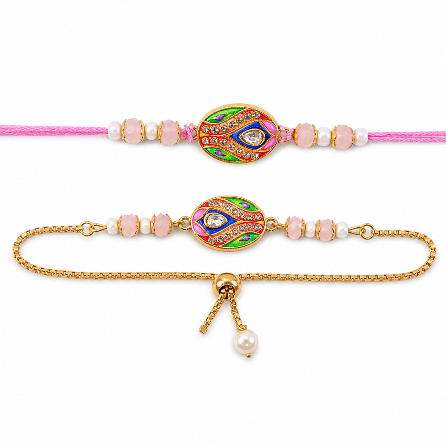 Oval Kundan Meenakari Studded Crystal Pearl Beads Bhai Bhabhi Rakhi Lumba