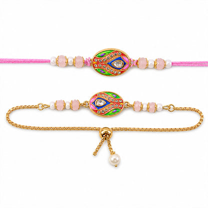 Oval Kundan Meenakari Studded Crystal Pearl Beads Bhai Bhabhi Rakhi Lumba