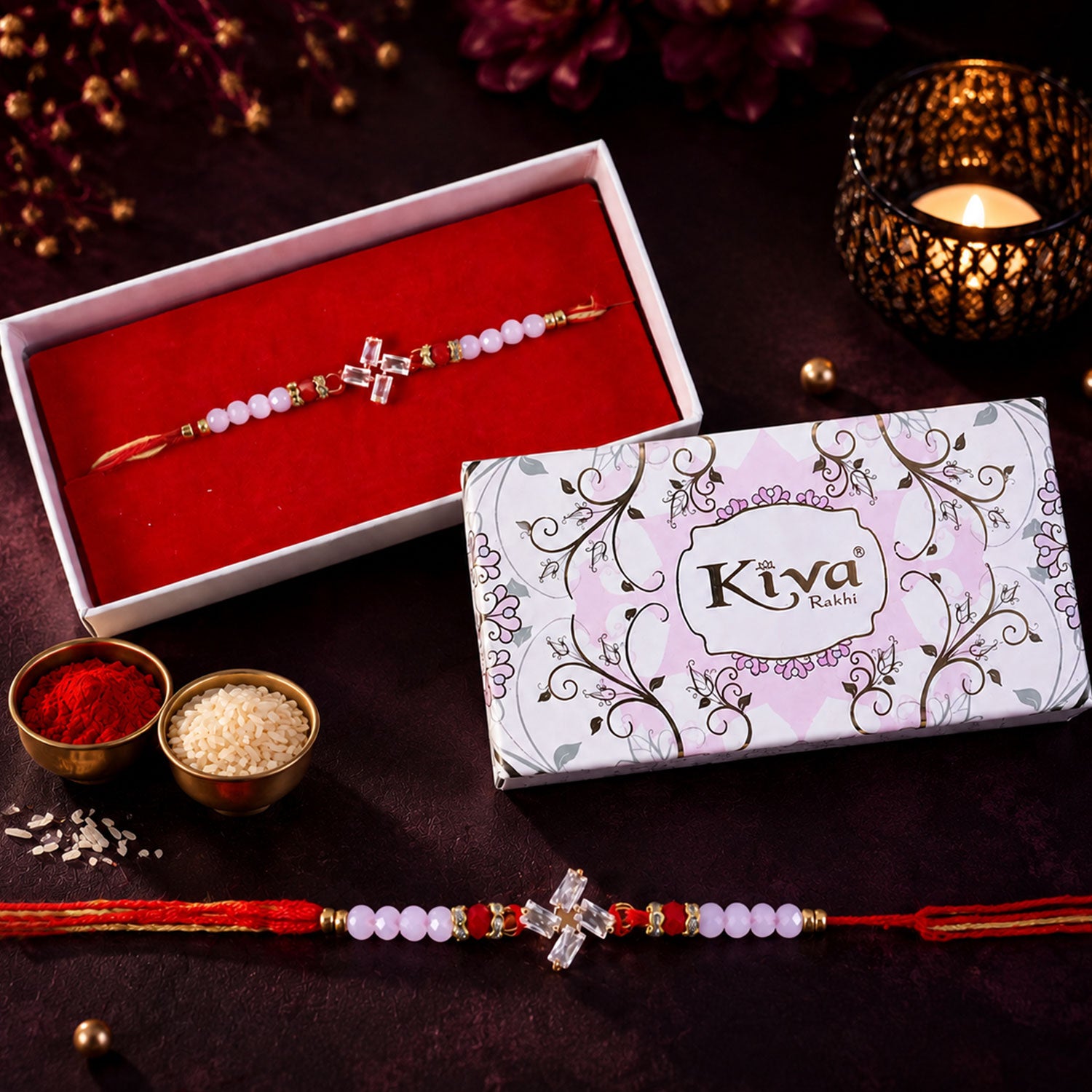 Crystal Cross Star Rakhi with Soft Pink Beads, Roli Chawal Coin and Elegant Gift Packing