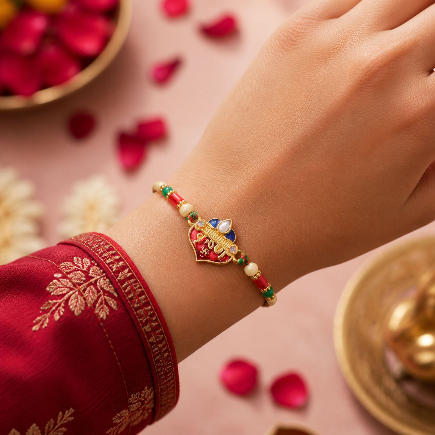 Elegant Rakhi featuring Ram Heart Plaque and ornate work in display look for Gift Use