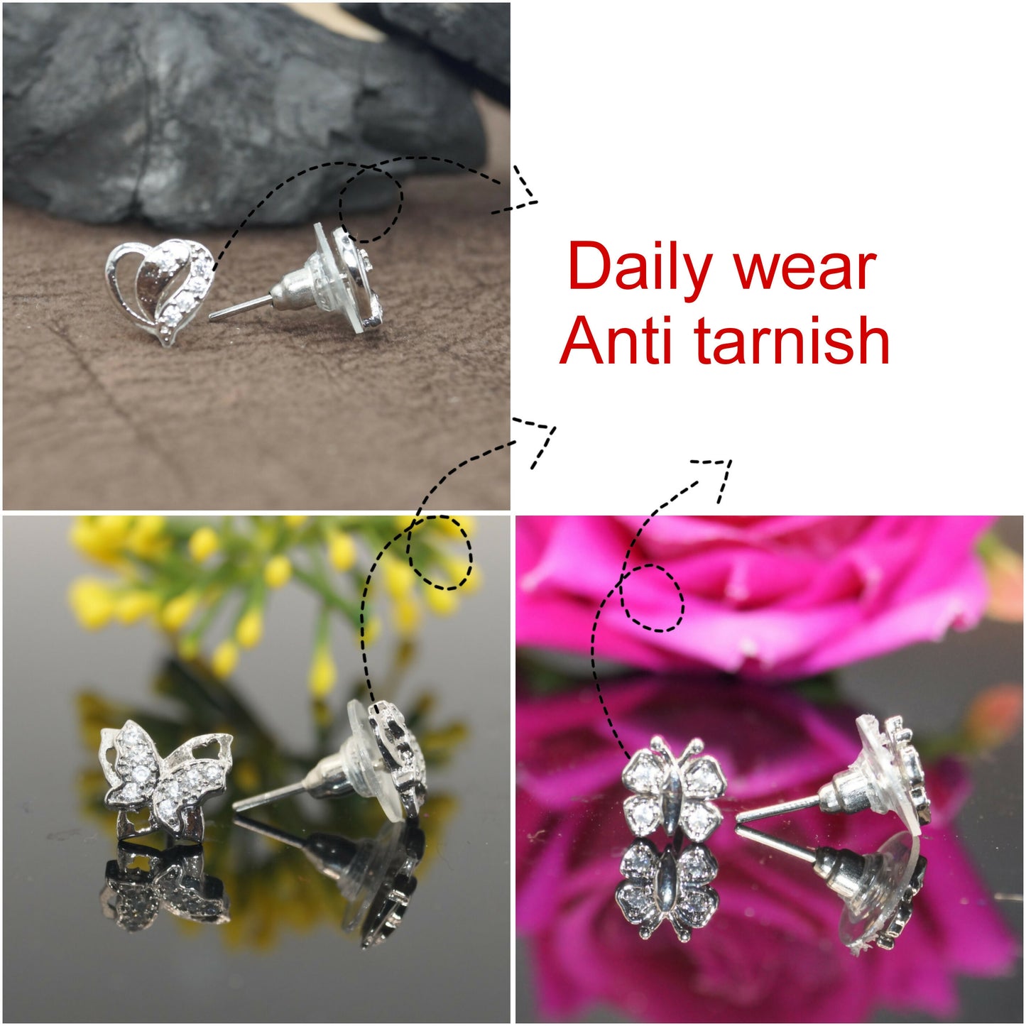 Small sterling silver butterfly stud earrings featuring cubic zirconia stones