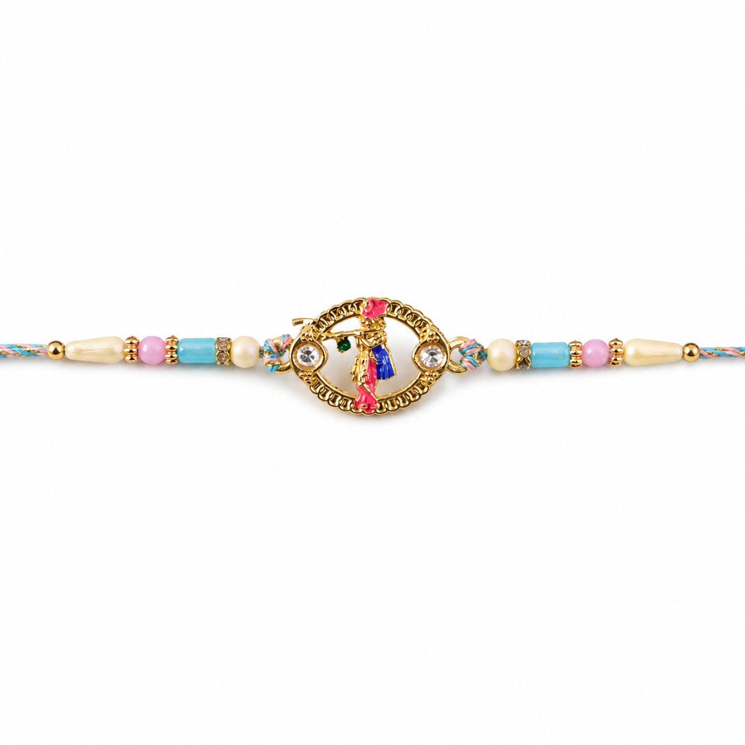Colorful Circular Charm Rakhi with Pink Blue Beads and Festive Brother Gift Appeal