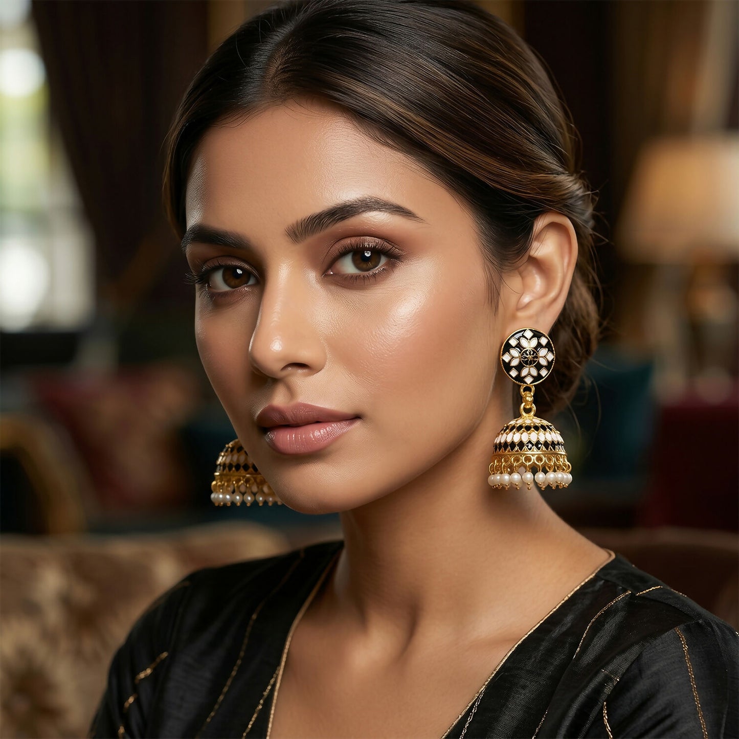 Black and white dome patterned jhumka earrings with hanging pearls