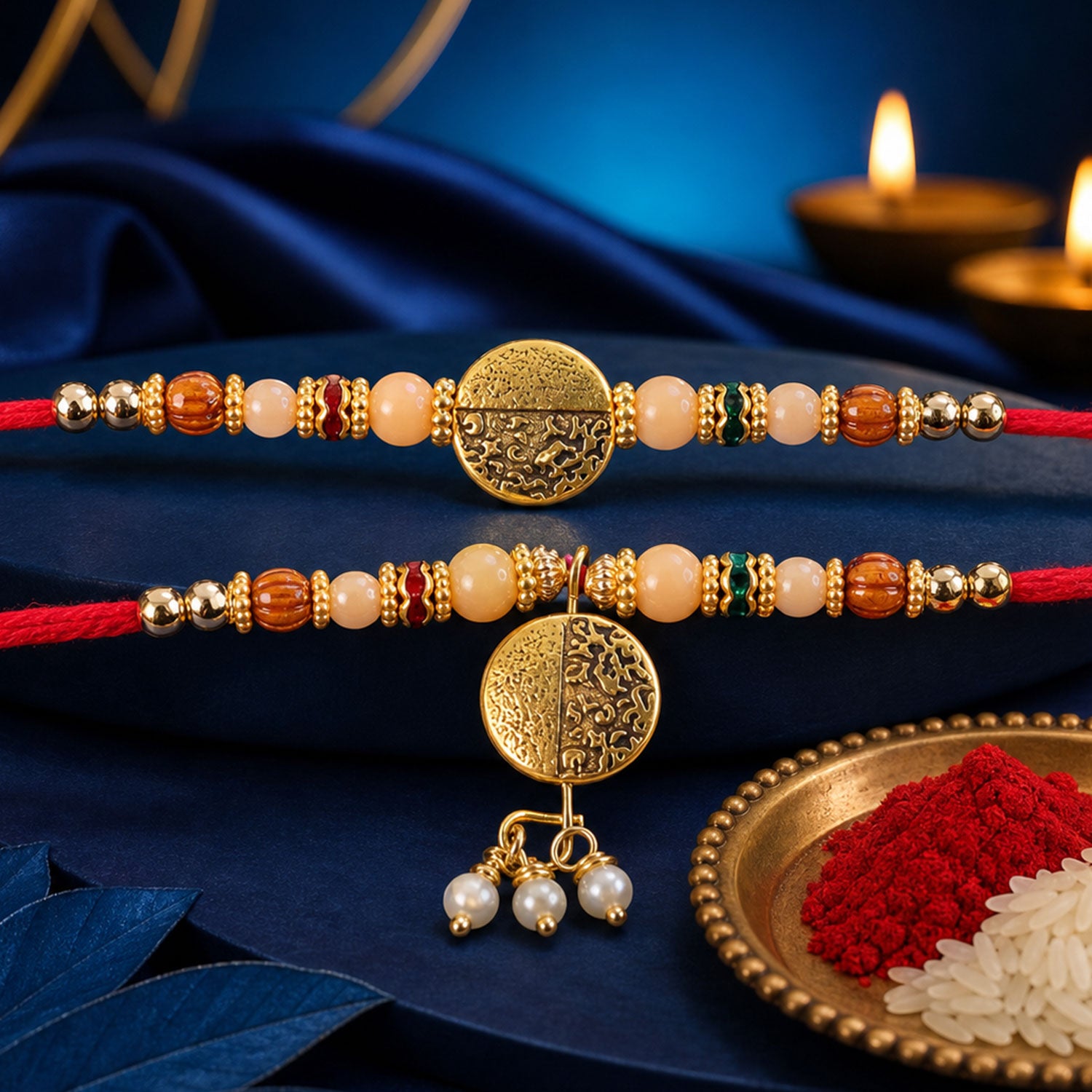 Couple Rakhi with Gold Coin Charm, Pearl Drop and Multicolor Bead Accents