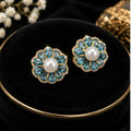 Blue Floral Stud Earrings with Pearl-Look Centres and Gold-Tone Detailing