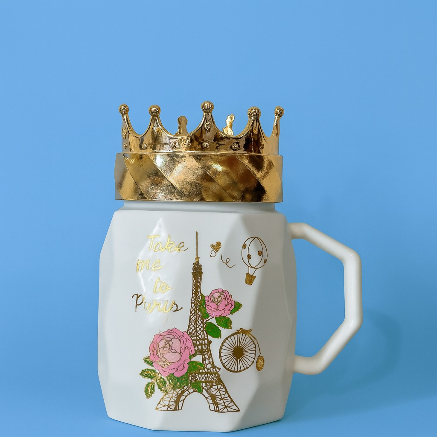 White Paris Ceramic Mug with Golden Crown Lid | Luxury Gift Coffee Cup
