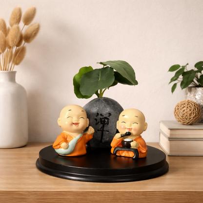 Cute Zen Monk Couple with Mini Planter Decorative Showpiece (ANY COLOR)