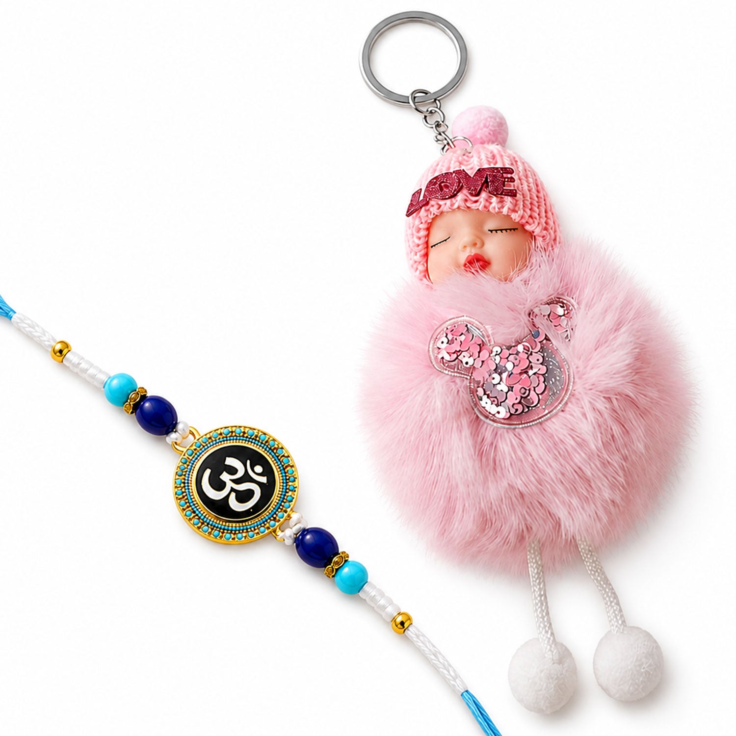 Round Om Stone Studded Enamel Rakhi with Cute Doll Keychain Combo (2 Pc)