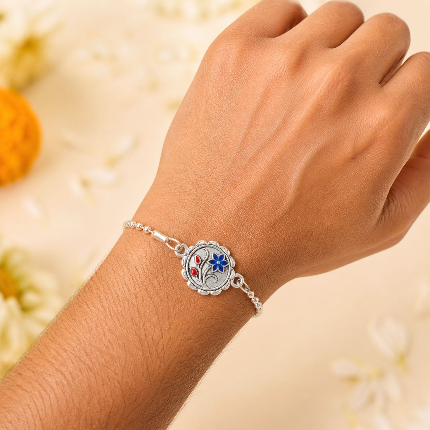 Designer Flower Motif Carved Round Silver Chain Designer Rakhi
