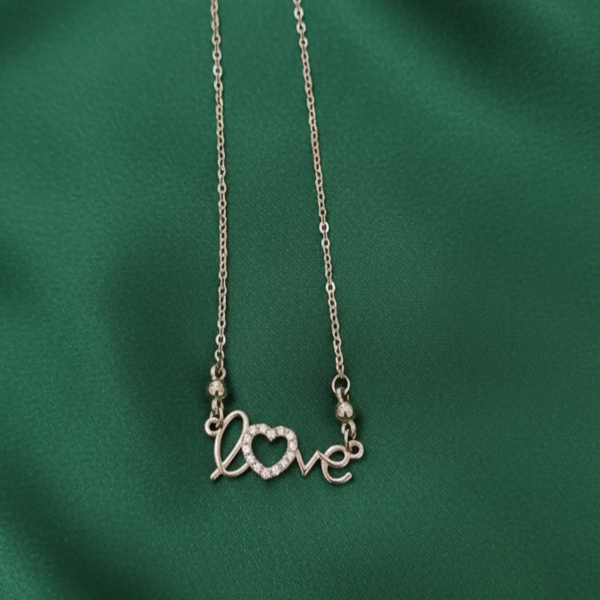 Love script silver heart pendant necklace with pavé crystals on adjustable chain