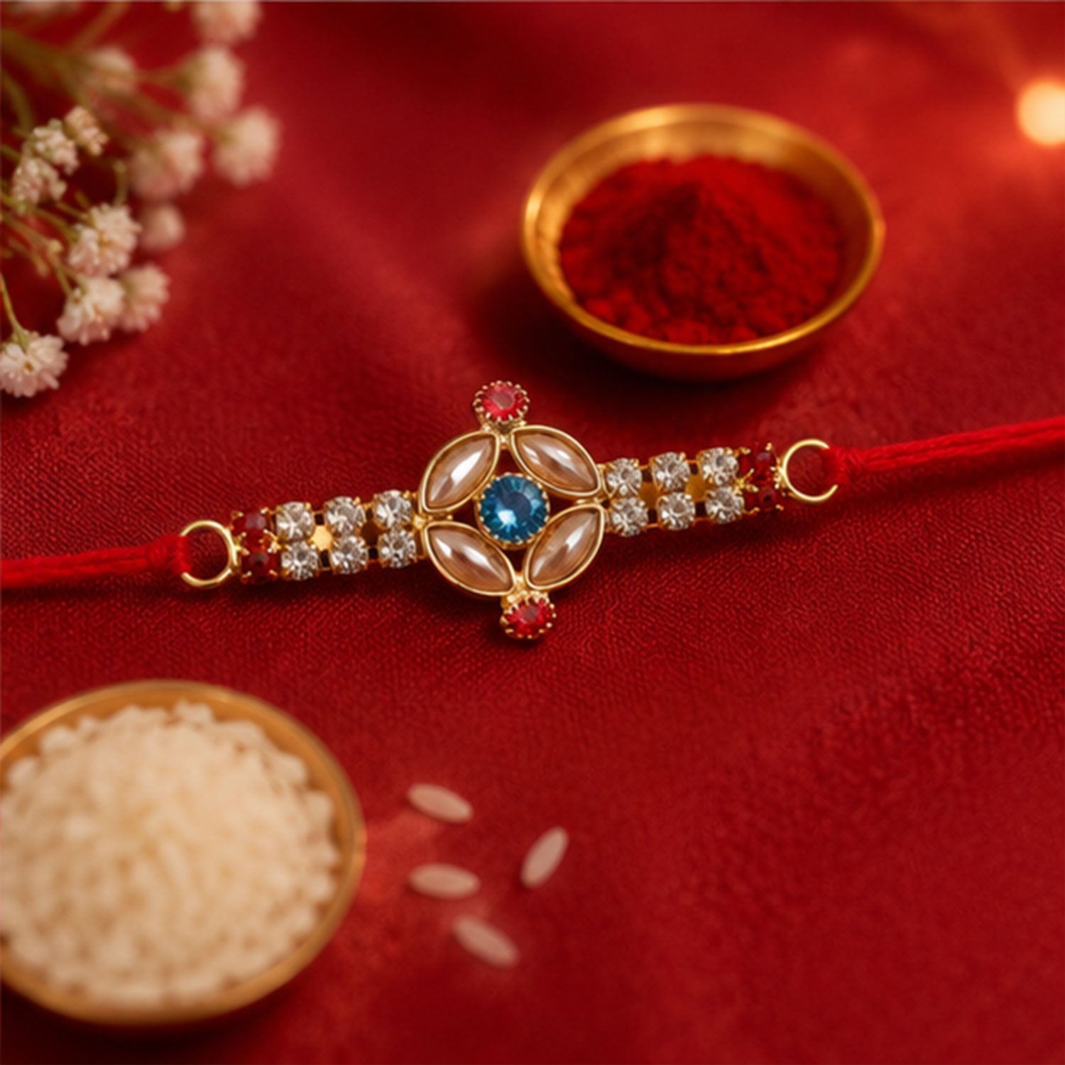 Blue Center Floral Kundan Rakhi with Red Stones and Pearl Ends