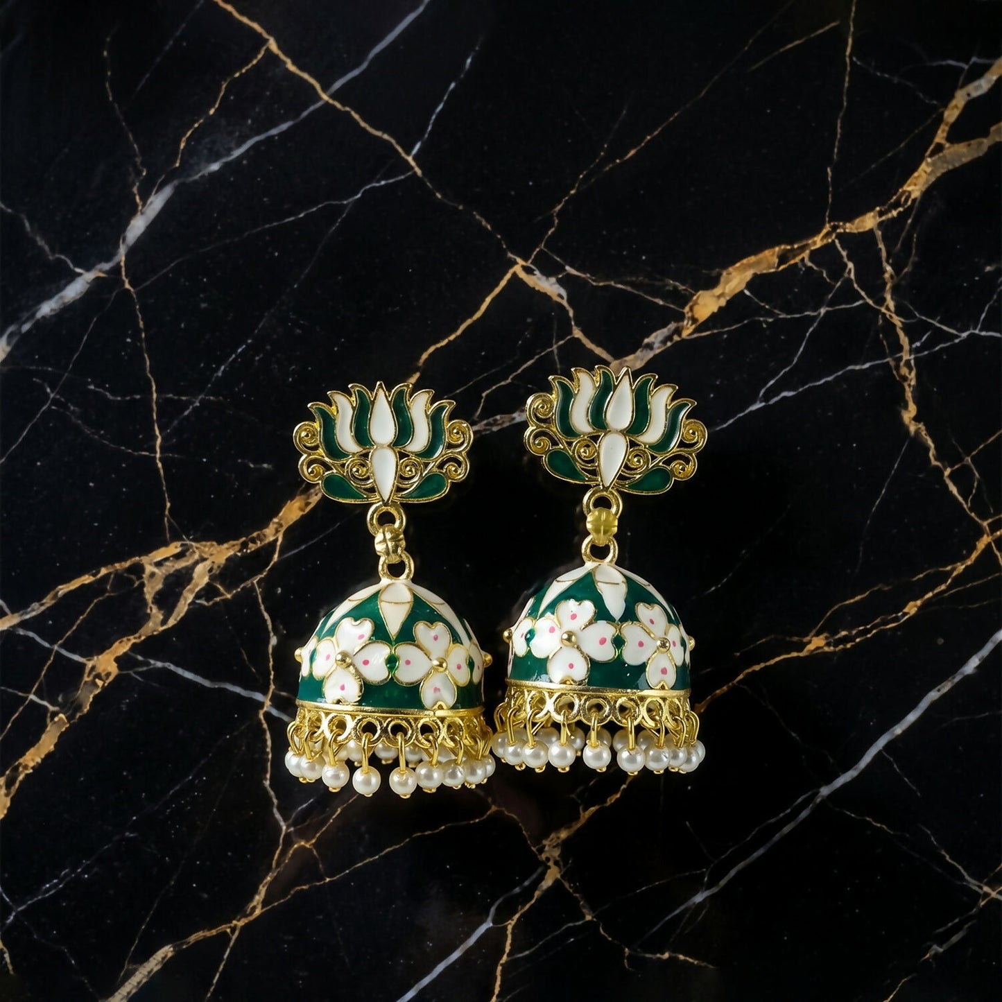 Green lotus jhumka earrings styled with ethnic outfit