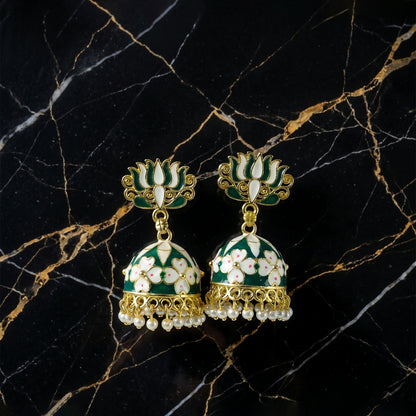 Green lotus jhumka earrings styled with ethnic outfit