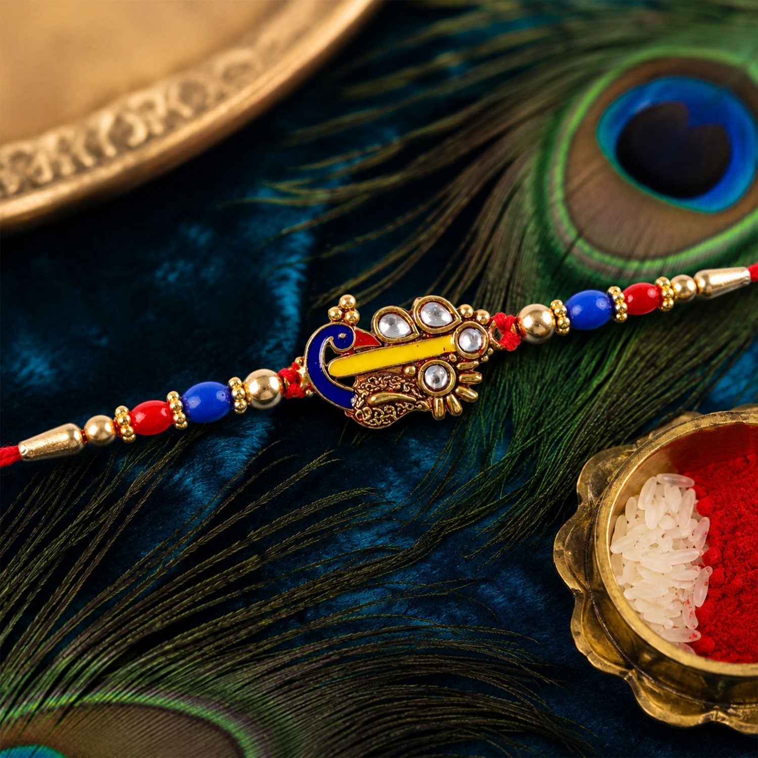 Paisley Peacock Kundan Beaded Rakhi for Brother (5pcs)