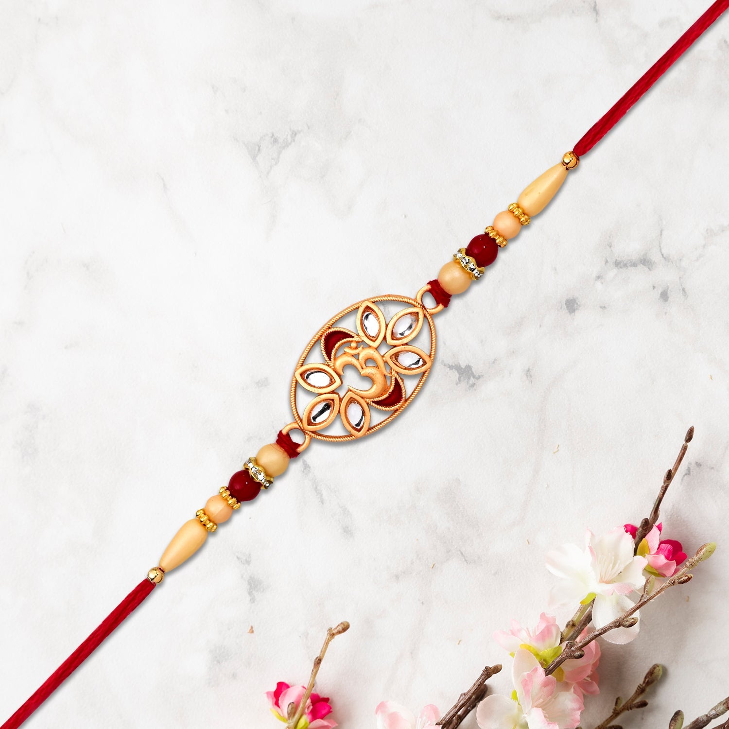 Om Kundan Rakhi Elegant Pearl Bead Design for Brother (10pcs)