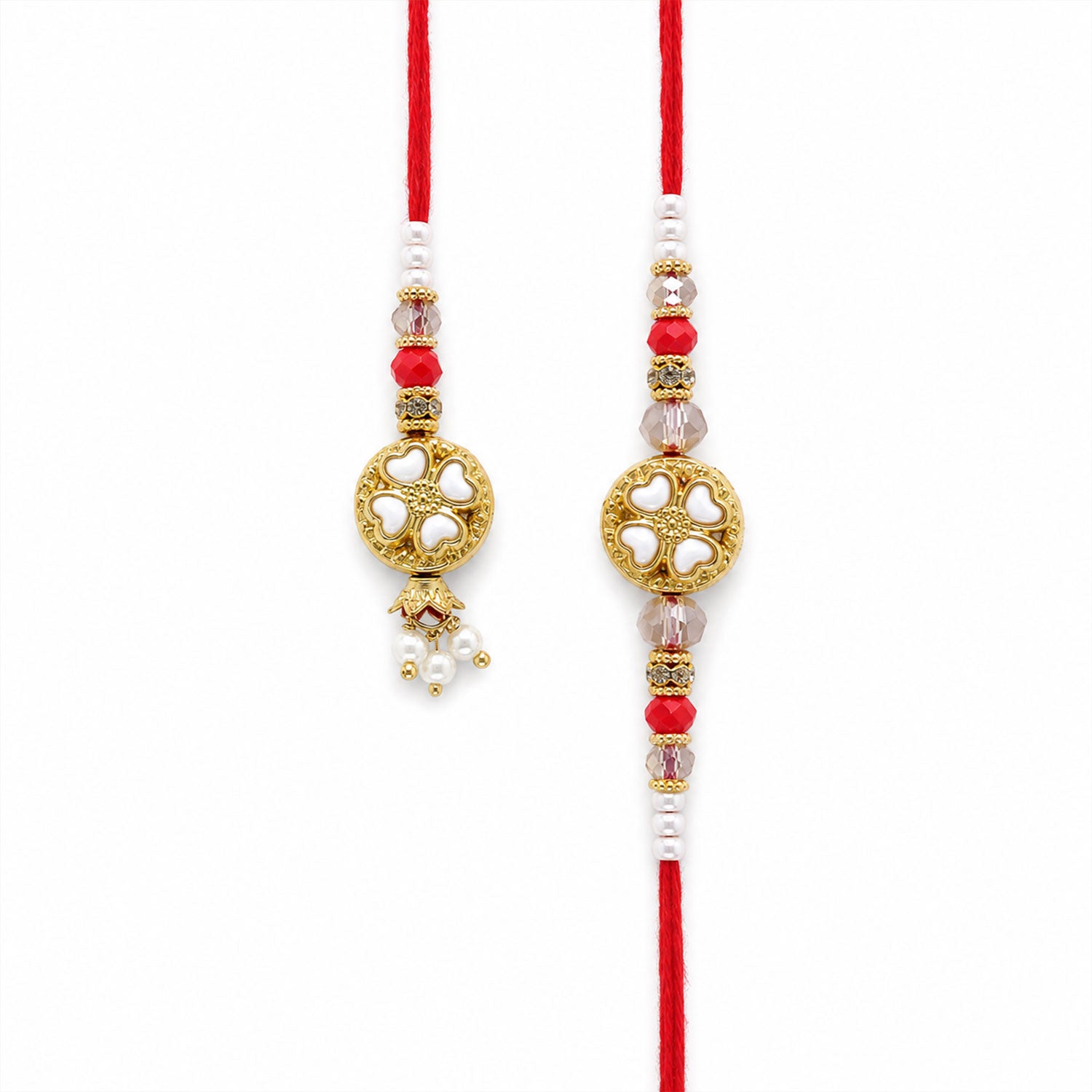 Divine Floral Medallion Bhai Bhabhi Rakhi with Flower Ring and Pearl Drops for Gift
