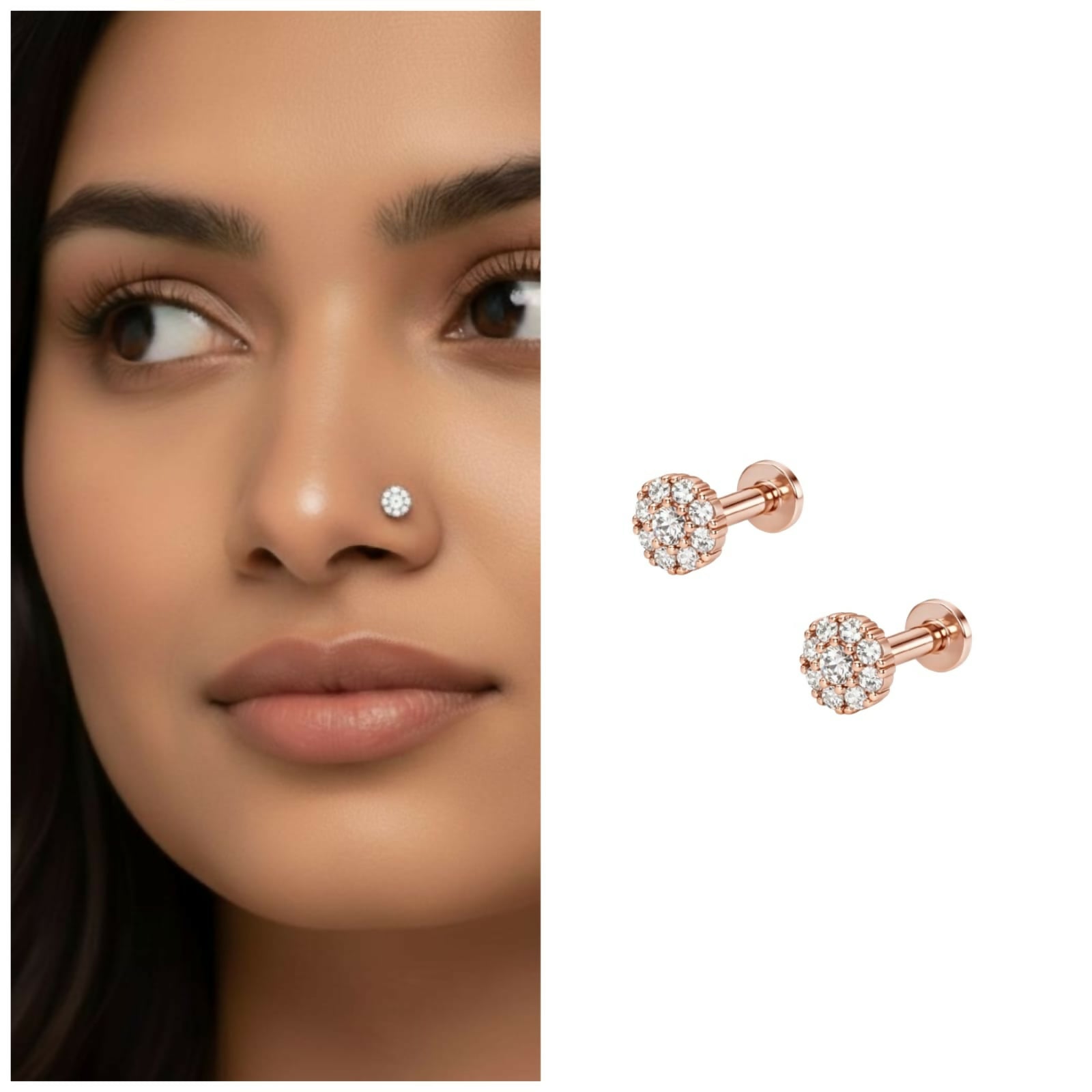 Close-up of rose gold cluster nose pin showing shimmering crystals