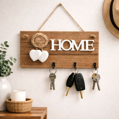 Wooden HOME Key Holder Wall Mount with 3 Hooks Organizer