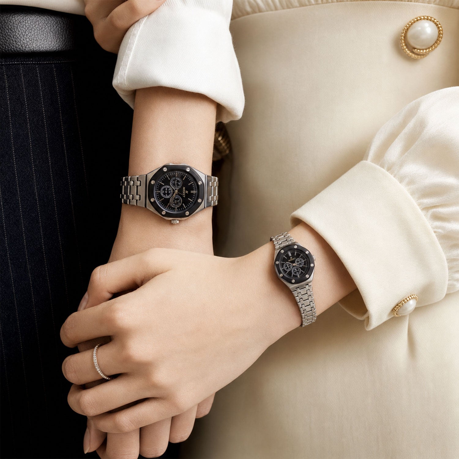 Silver Couple Watch Set with Black Dial Chronograph Style Metal Strap Design