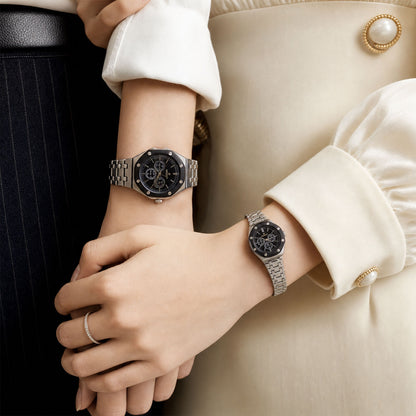 Silver Couple Watch Set with Black Dial Chronograph Style Metal Strap Design