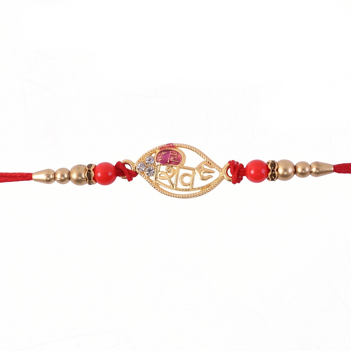 Gold Leaf Shiv Rakhi with Pearl Sides and Red Beads