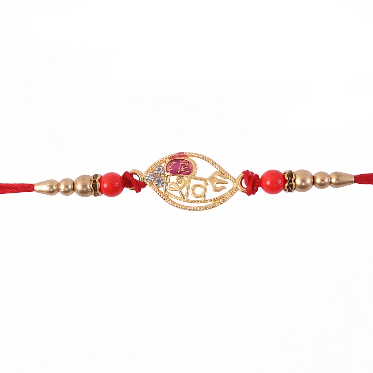 Gold Leaf Shiv Rakhi with Pearl Sides and Red Beads