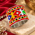 Mirror Work Kada Cuff Bracelet with Multicolor Floral Embroidery and Silver-Tone Rim