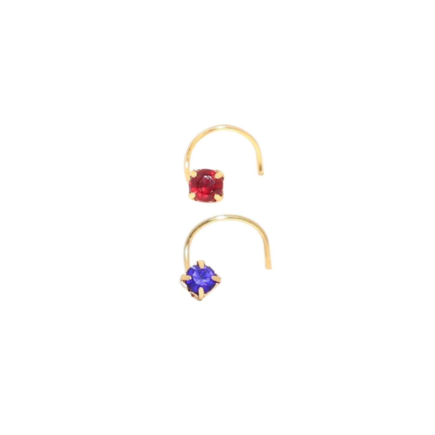 Close-up of blue-toned gold plated crystal nose pin with four-prong setting