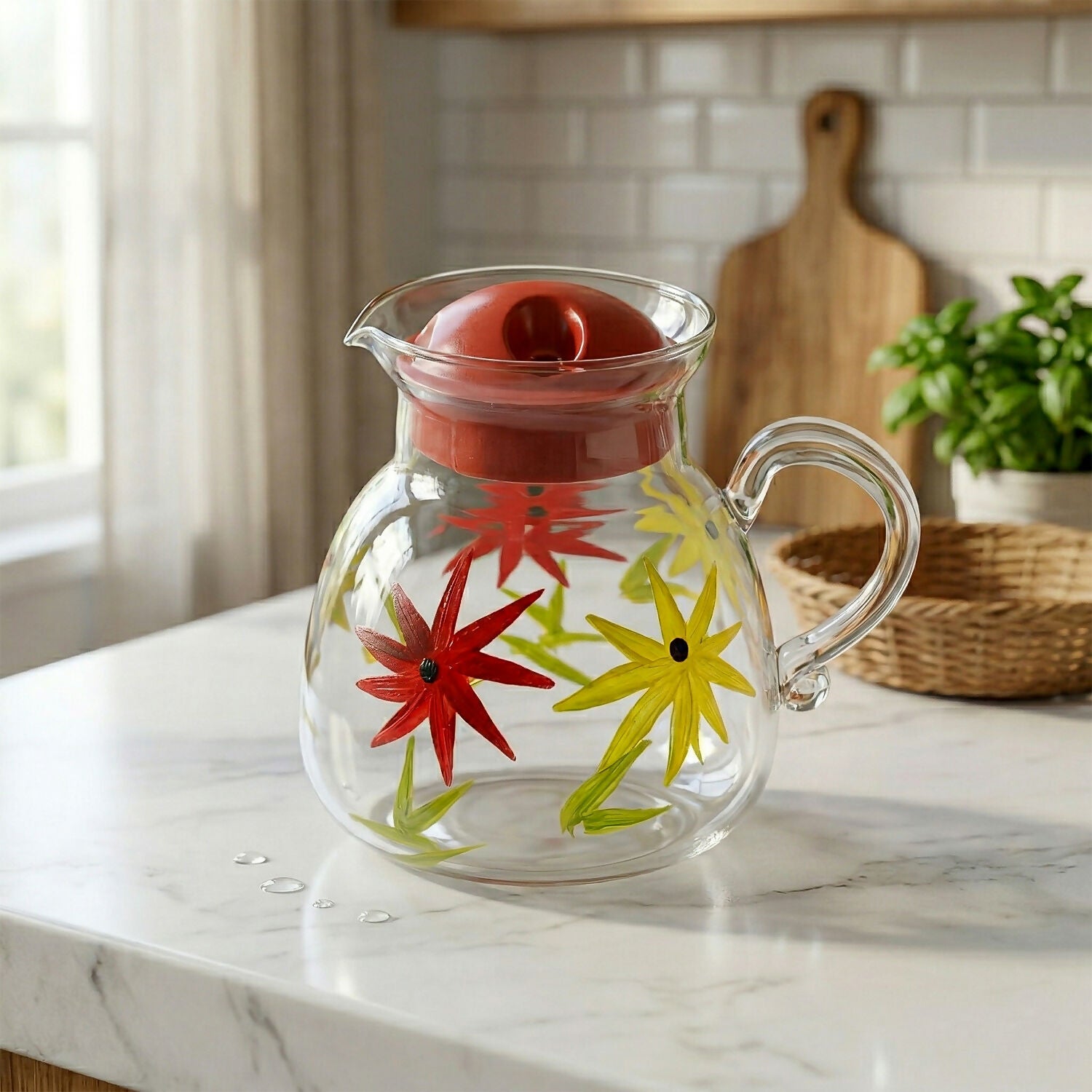 Elegant floral glass tea set arranged on table