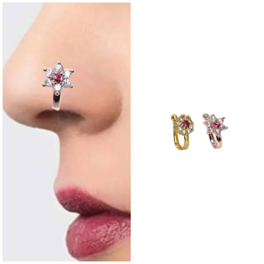 2 Pcs Non-Piercing CZ Nose Clip Set - Flower & Pave Hoop