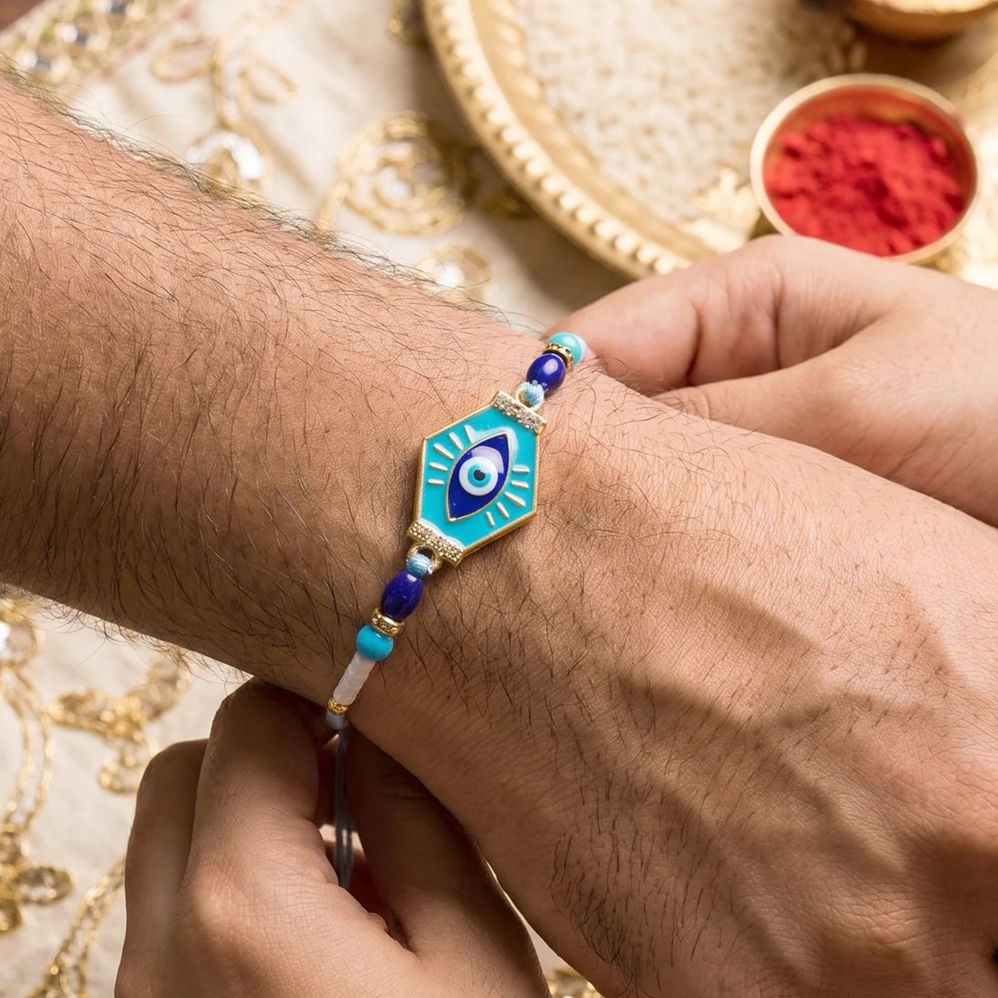 Blue Evil Eye Bracelet Rakhi with Choco Magic, Pack of 3