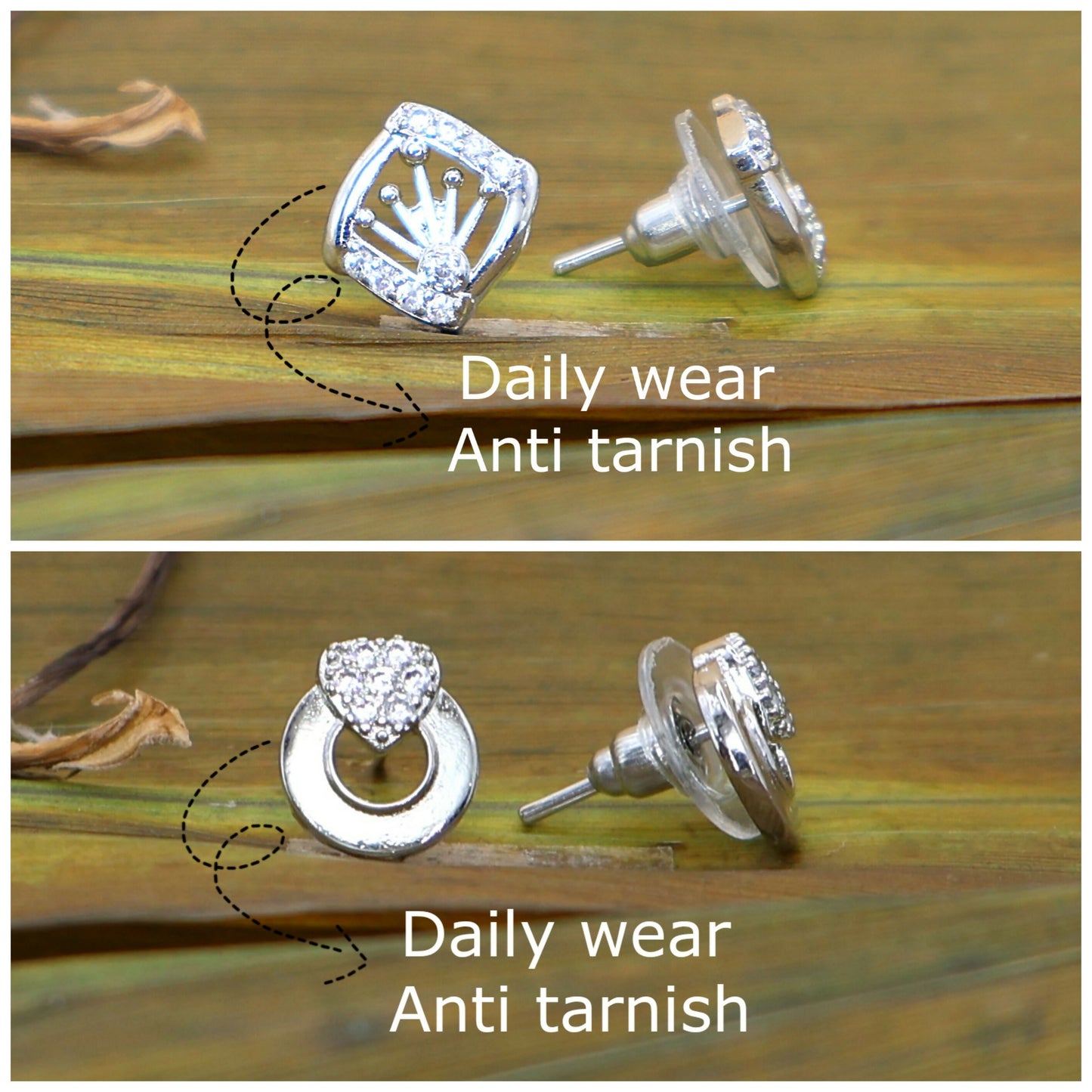 Heart and circle pavé cubic zirconia silver stud earrings with anti-tarnish coating