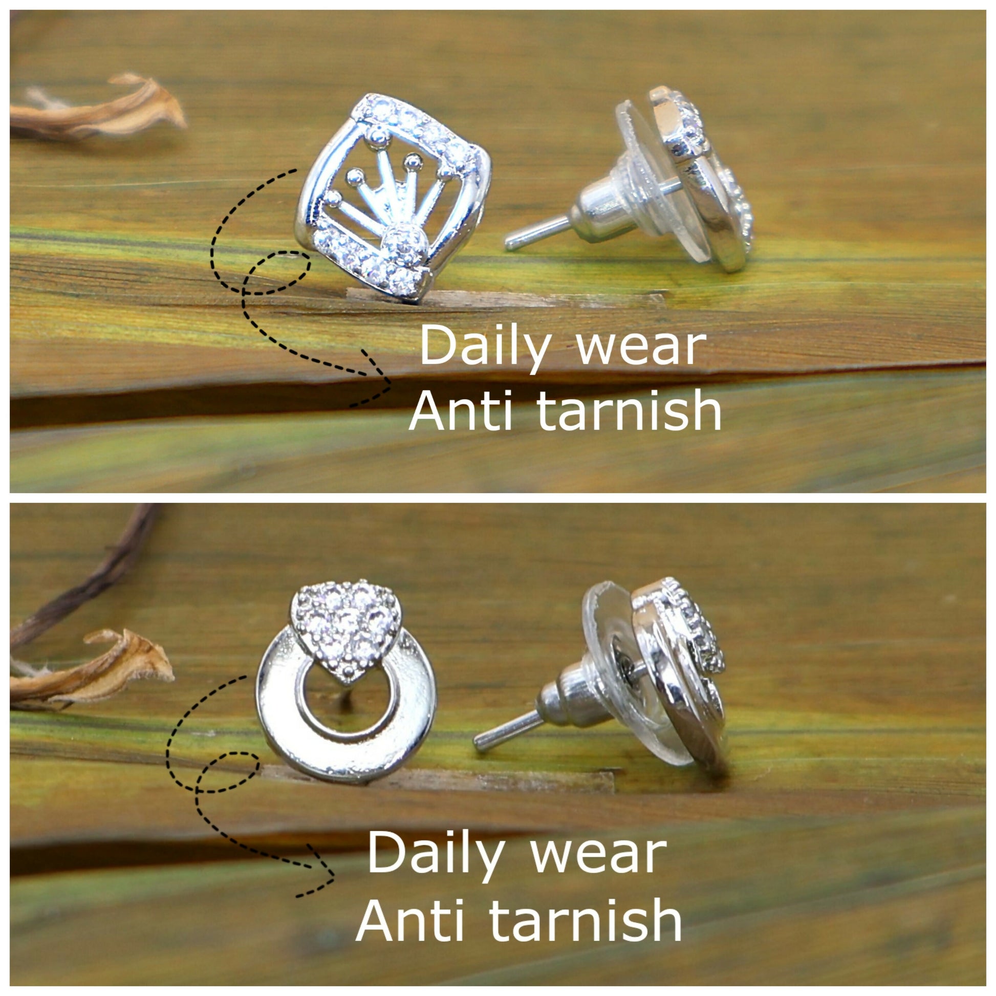 Heart and circle pavé cubic zirconia silver stud earrings with anti-tarnish coating