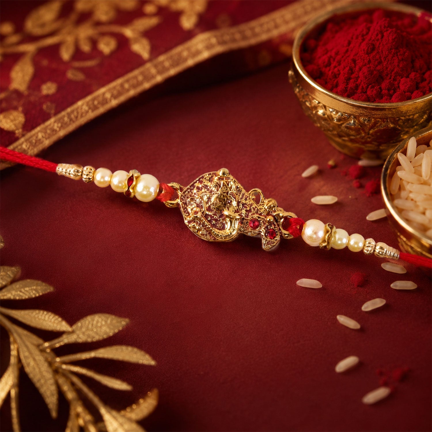 Golden Peacock Rakhi Pearl Beads & Red Thread for Brother on Raksha Bandhan (10pcs)