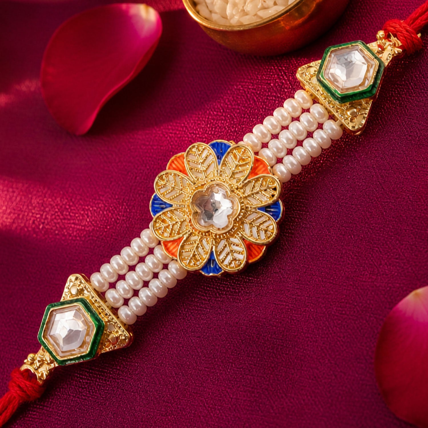 Pearl Flower Rakhi with Blue Yellow Details and Elegant Festive Brother Gift Styling