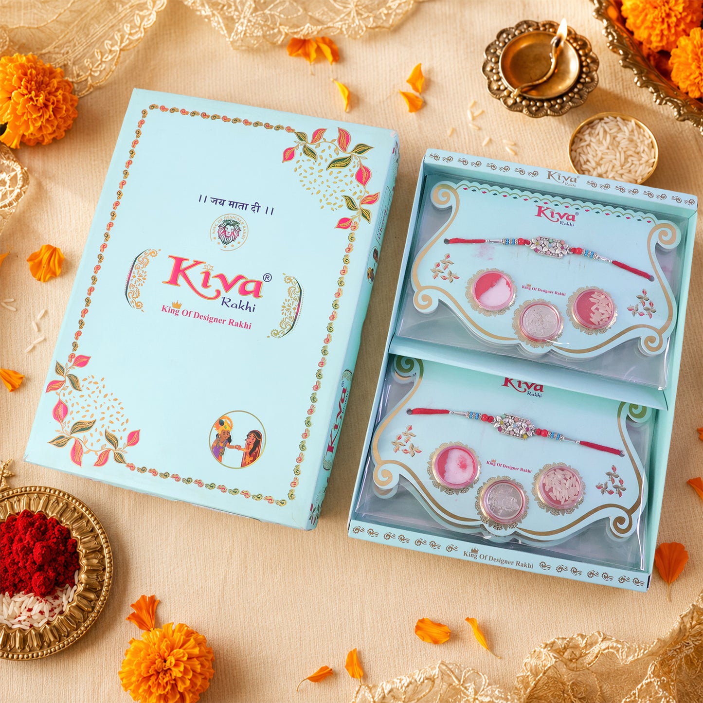 Rectangular Pearl Crystal Rakhi with Red Blue Beads, Roli Chawal Coin and Gift Packing