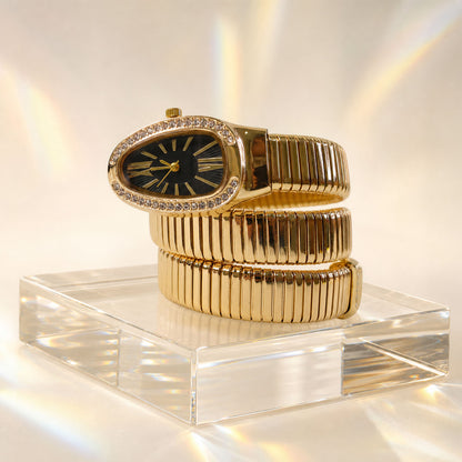 Gold Oval Snake Style Bracelet Watch with Black Dial and Crystal Border Design