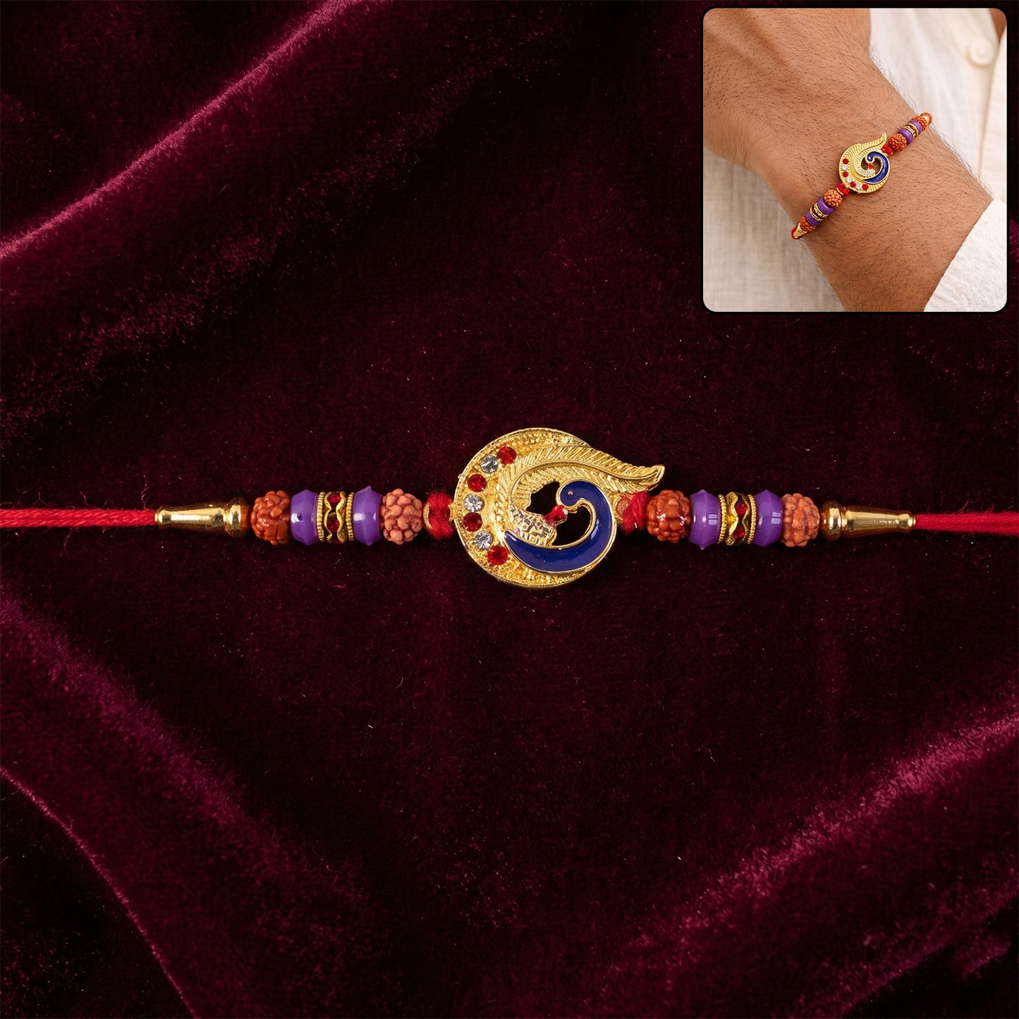 Blue Peacock Rakhi with Purple Beads and Crescent Gold Frame