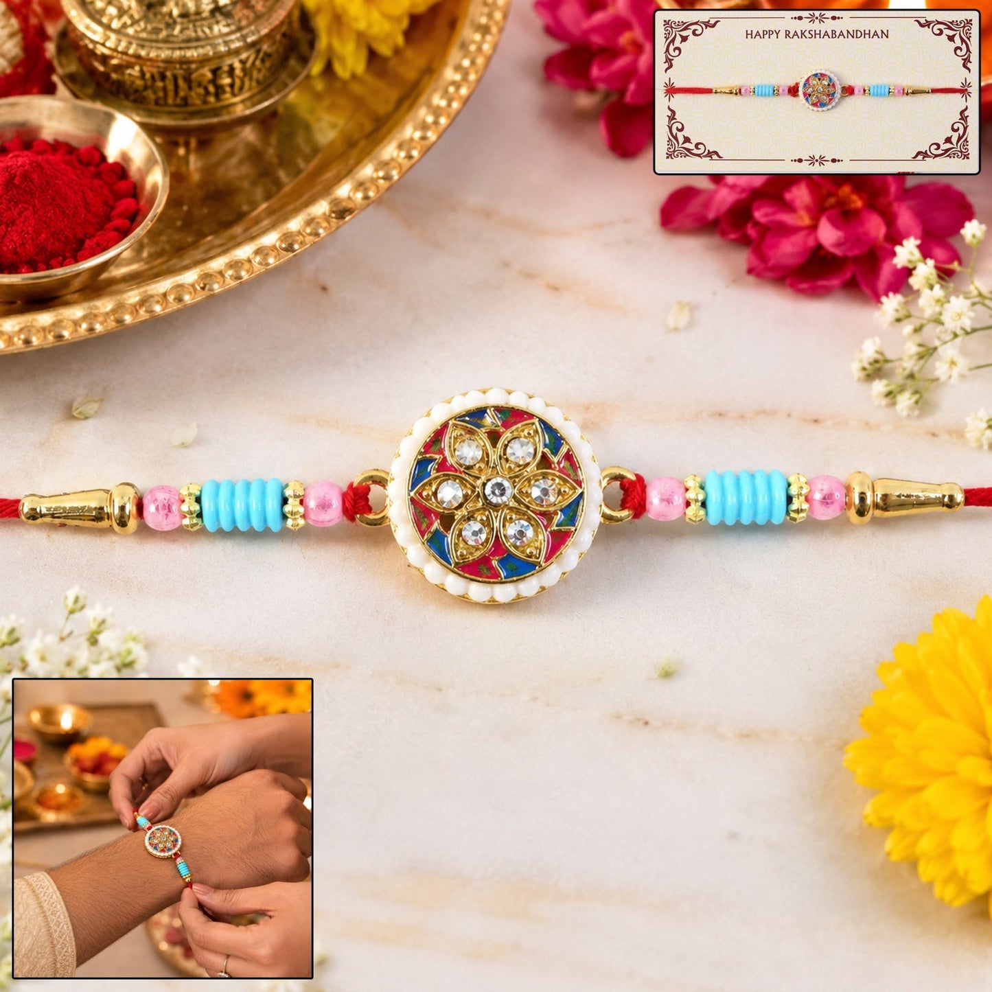 Multicolor Floral Kundan Rakhi Elegant Design for Rakshabandhan (5pcs)