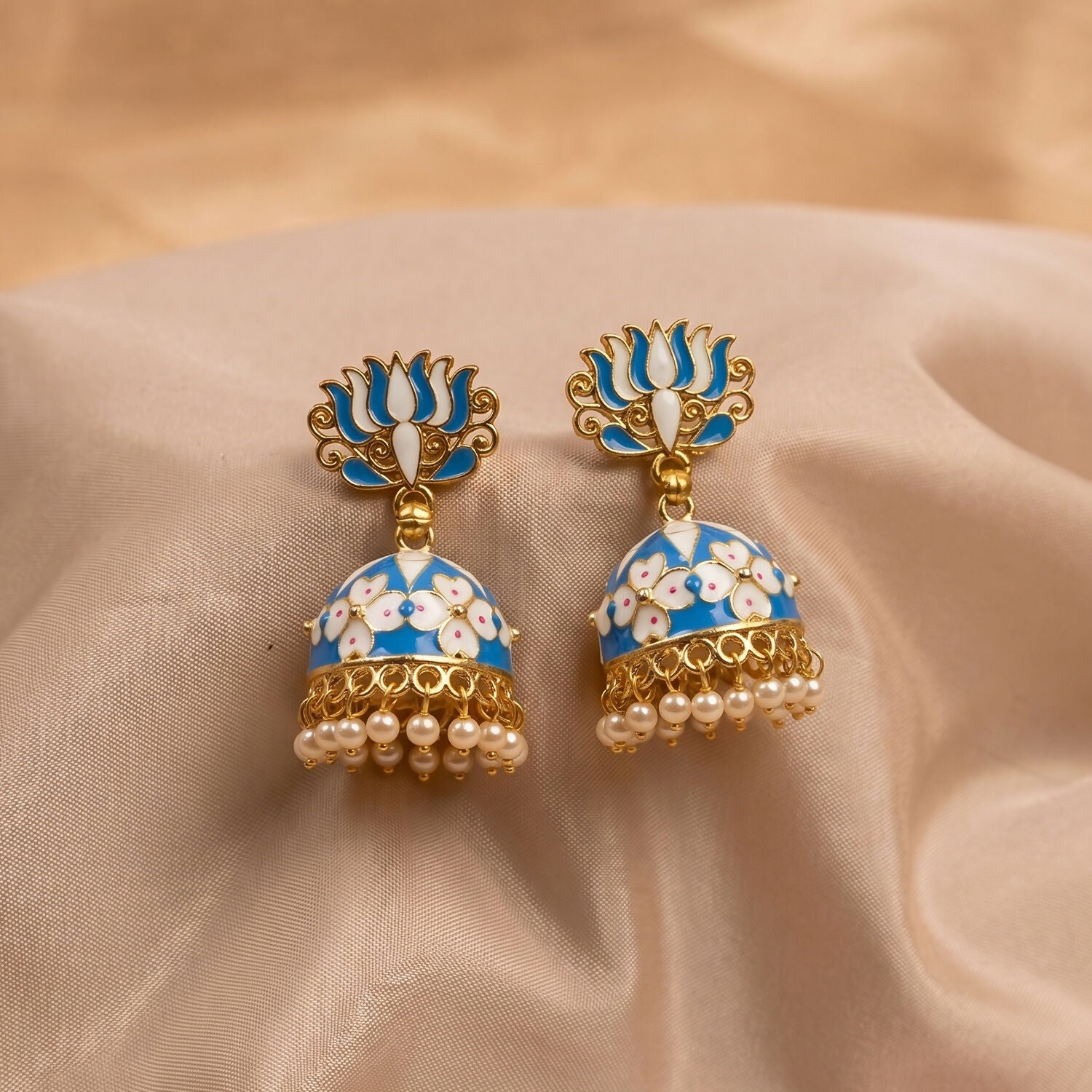 Designer Blue Lotus Jhumka Earrings with Pearls for Women