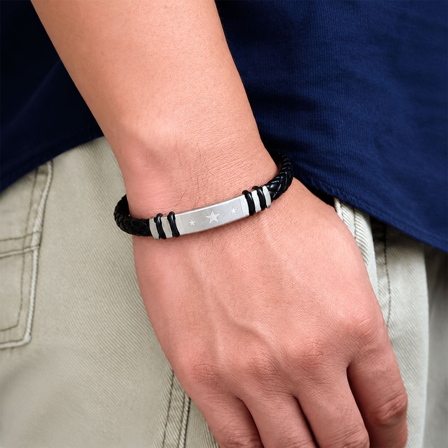 Silver Star Bracelet Rakhi with Black Braided Band and Star Plate for Raksha Bandhan