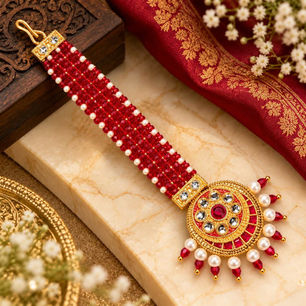 A gold-plated maang tikka with red and white beads, featuring a circular pendant with a central red gem, rests on a marble
