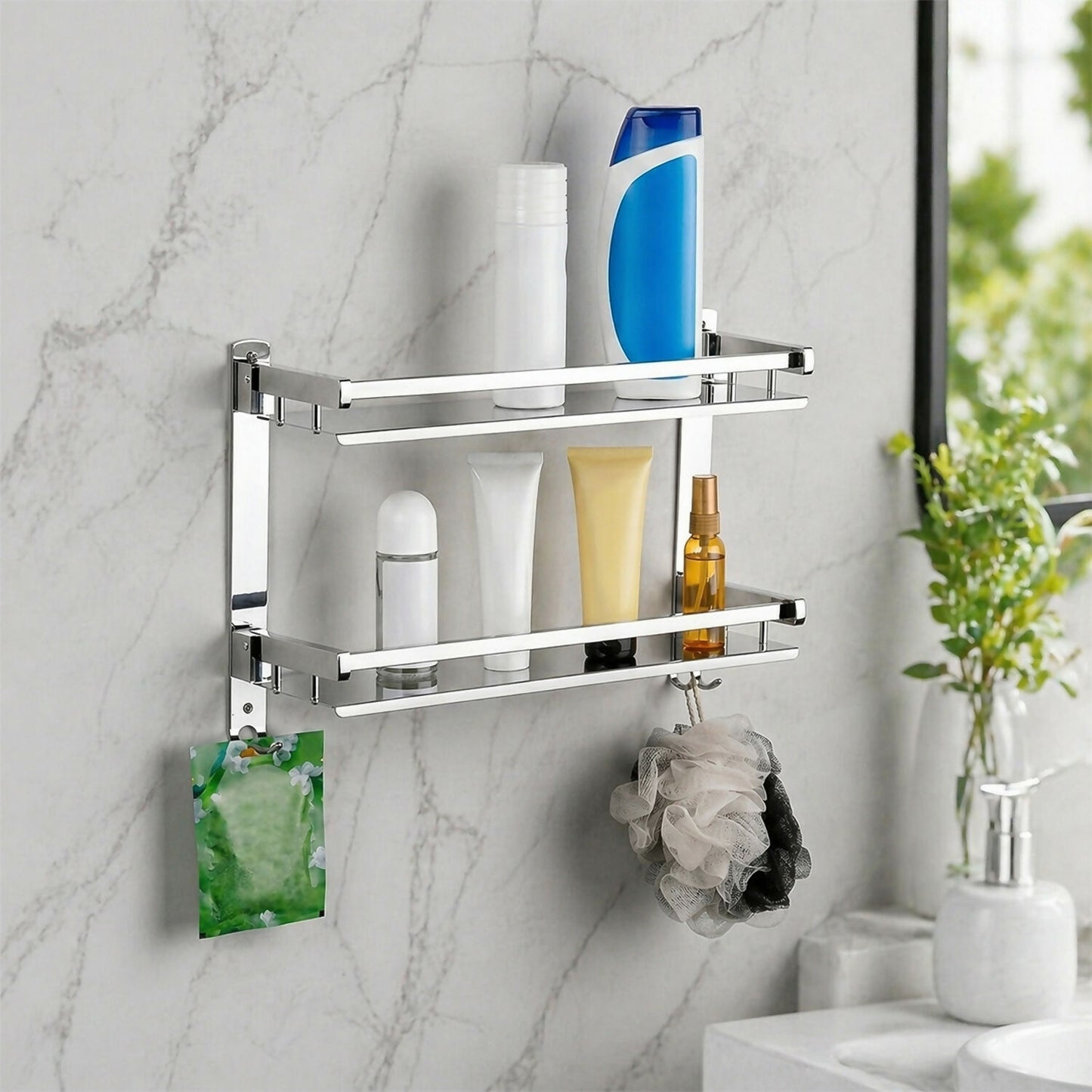 Bathroom rack holding toiletries and decorations