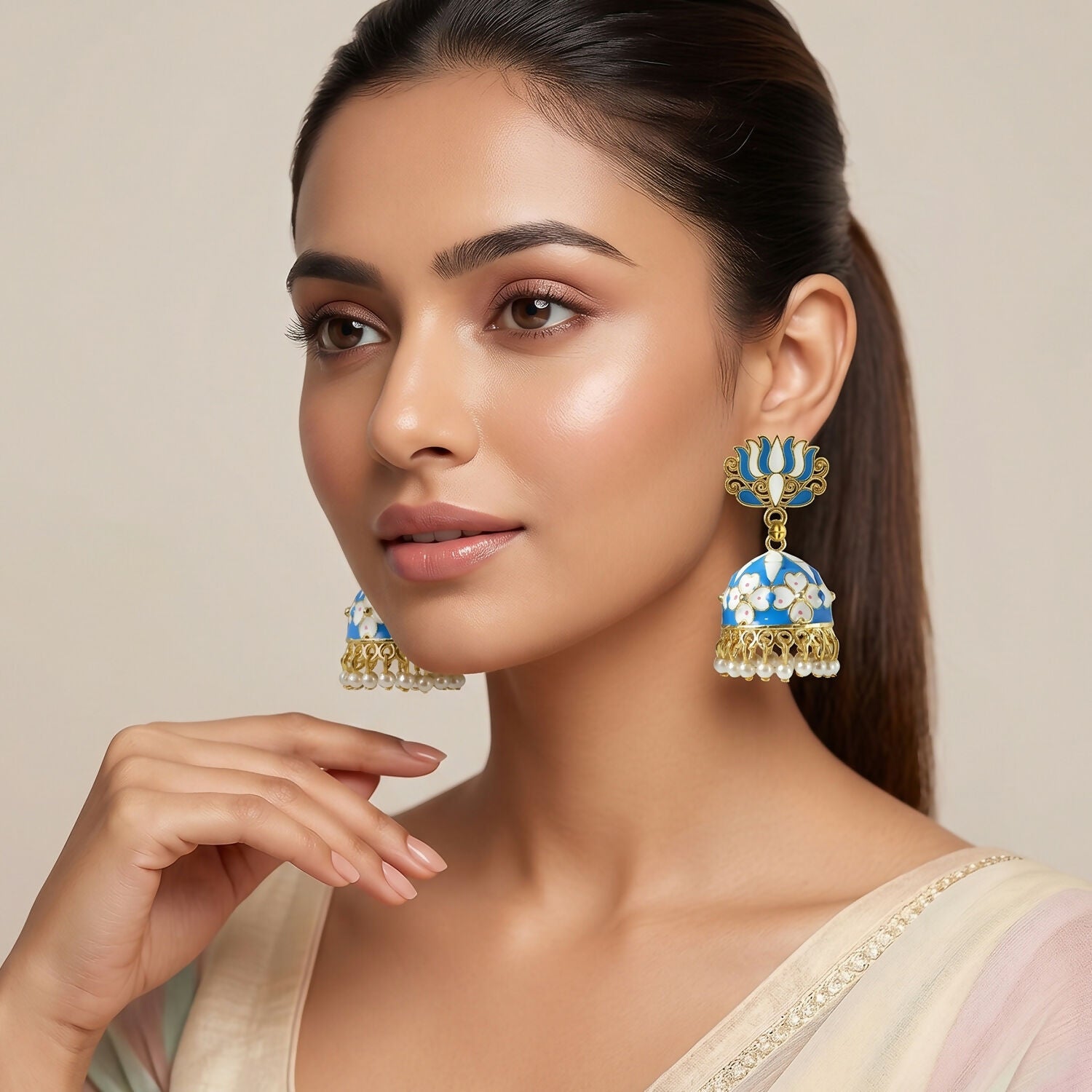 Back view of lotus jhumka earrings with floral design