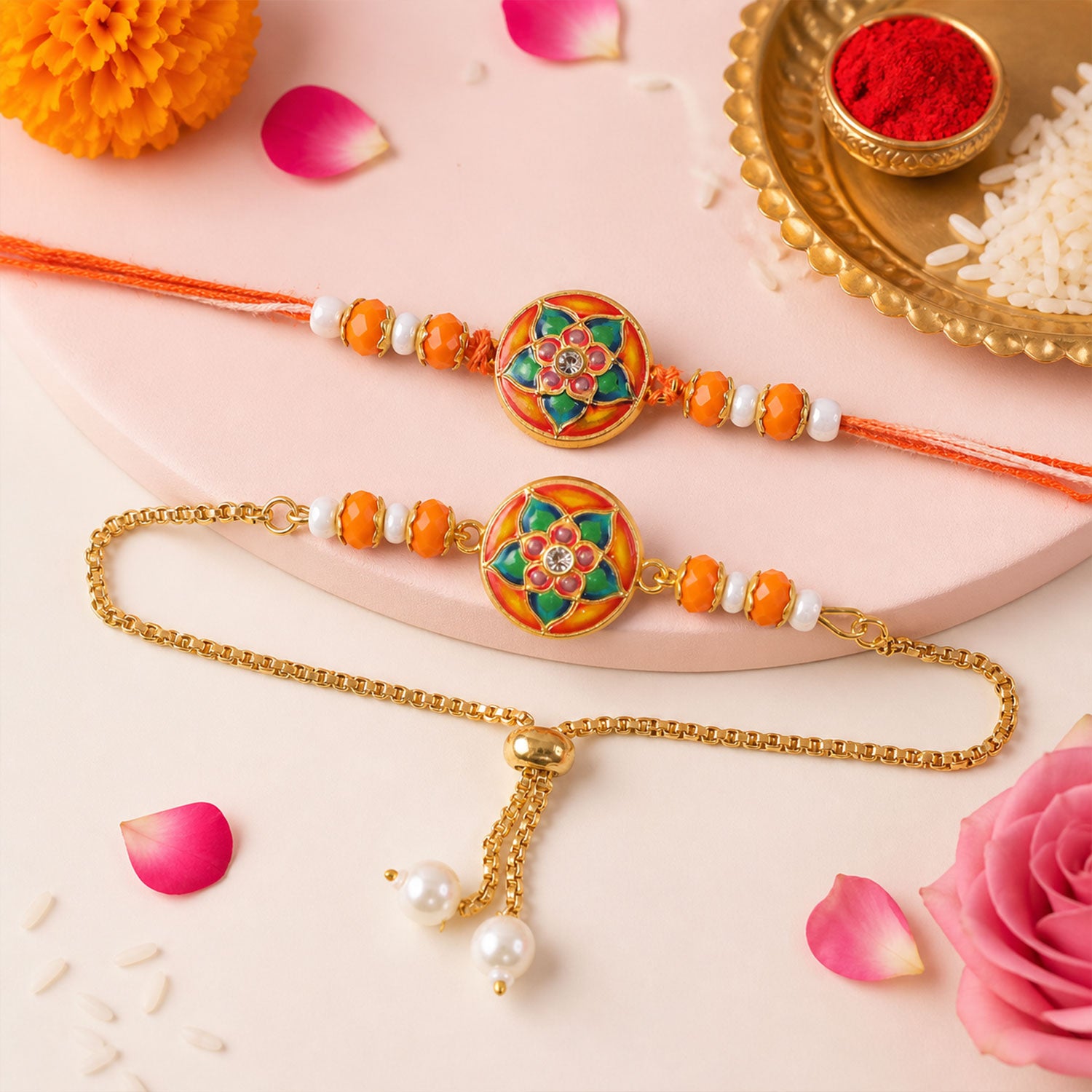 Round Meenakari Floral Mandala Crystal Pearl Beads Bhai Bhabhi Rakhi Lumba Set