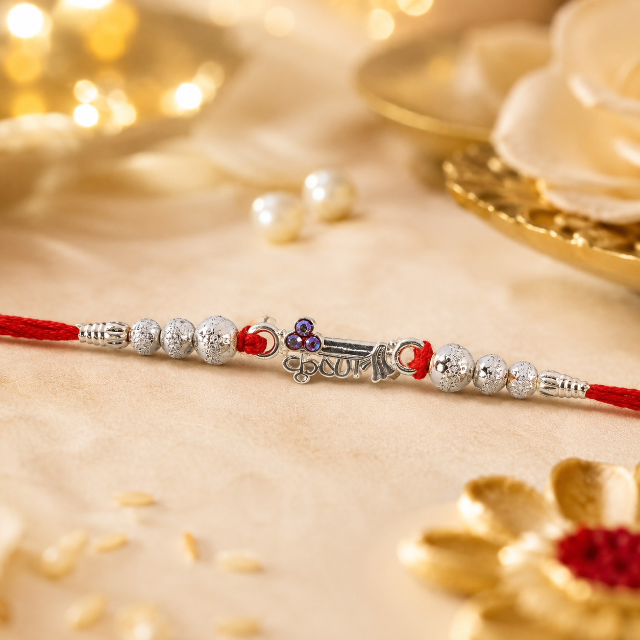 Silver Morpich Krishna Bead Rakhi with Tiny Purple Stone and Red Thread