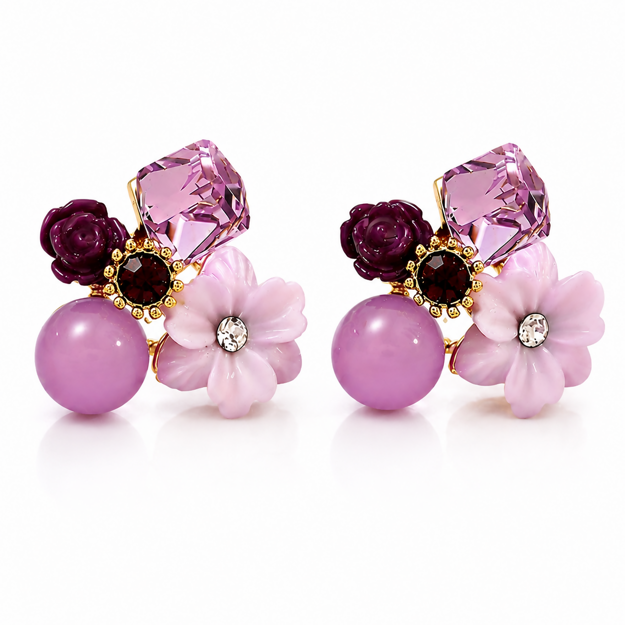 Premium Korean Floral Crystal Stud Earrings for Women Purple Flower Pearl Design in-use view for festive gifting jewellery