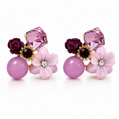 Premium Korean Floral Crystal Stud Earrings for Women Purple Flower Pearl Design in-use view for festive gifting jewellery