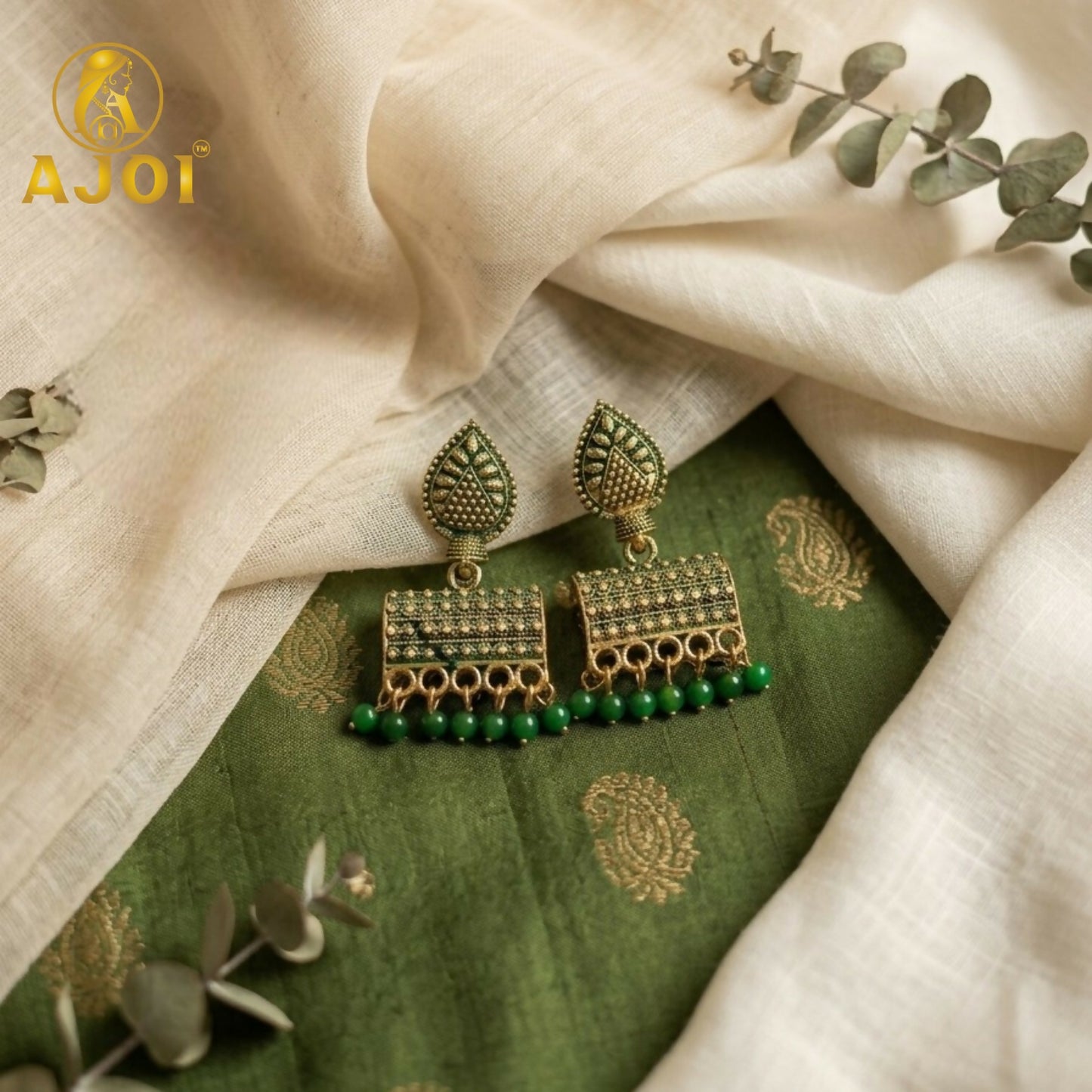 Antique Gold-Plated Leaf Design Jhumka Earrings with Green Bead Drops